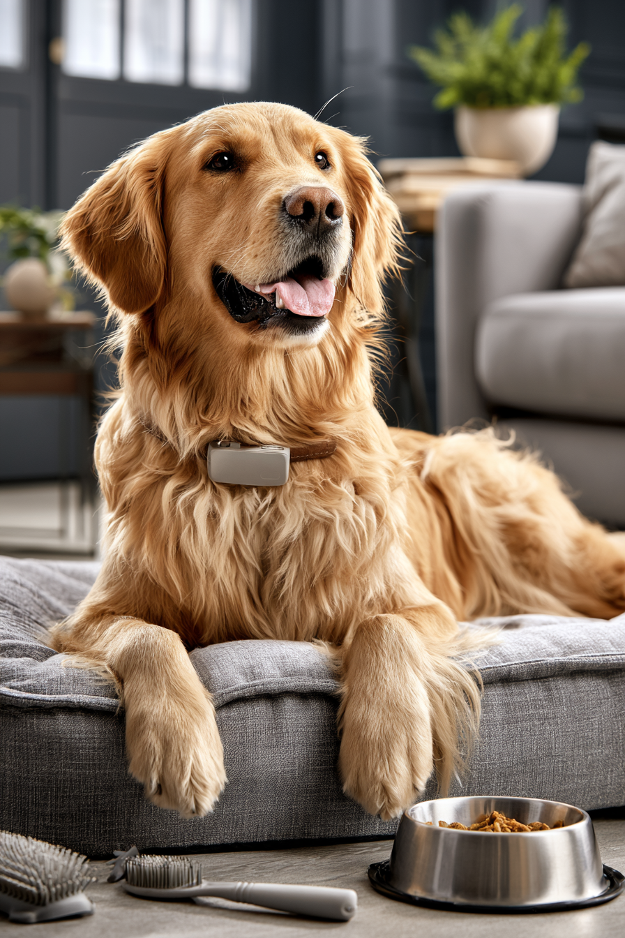 Golden retriever wearing a pet GPS tracker at home