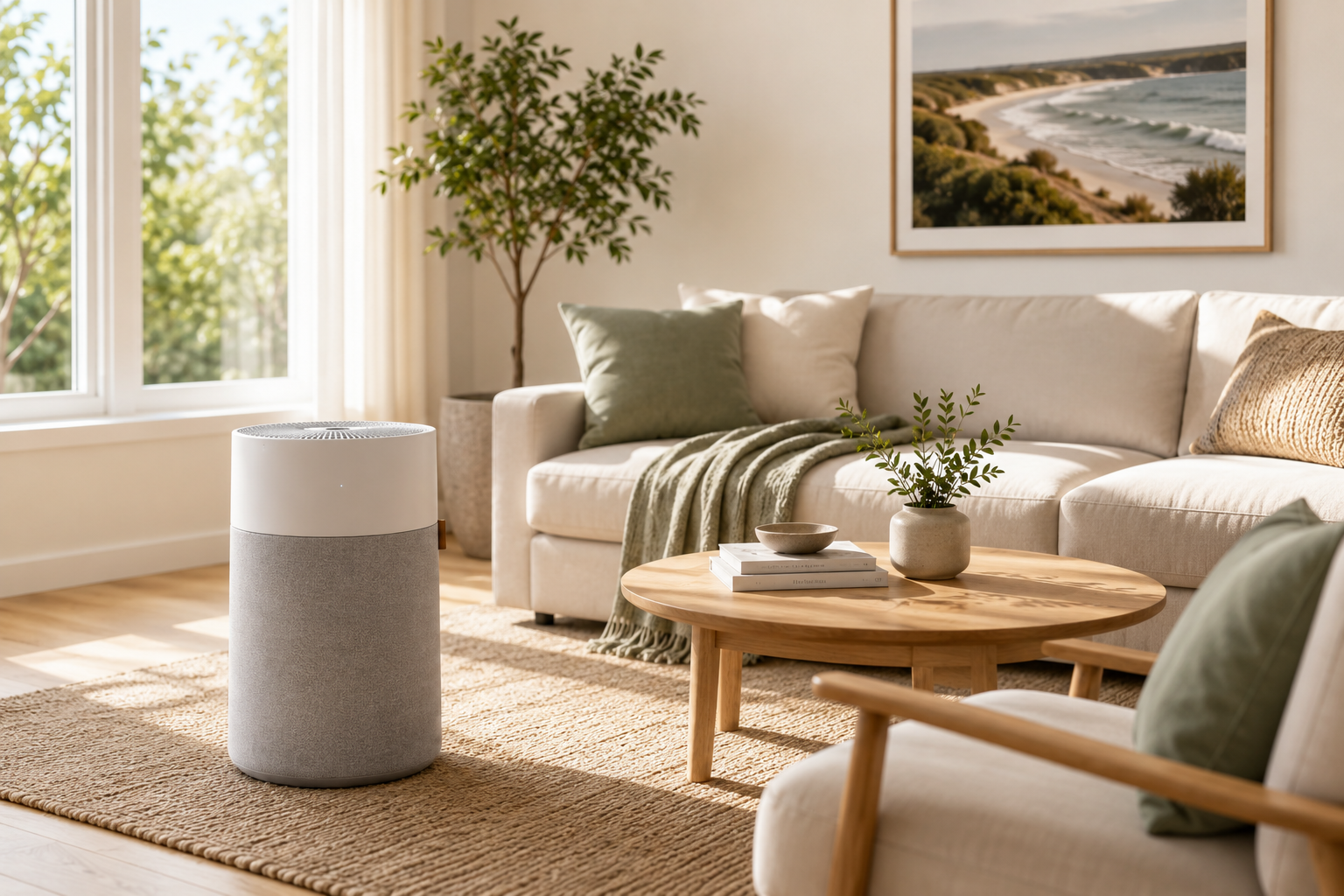 Air purifier in a bright modern living room for cleaner indoor air