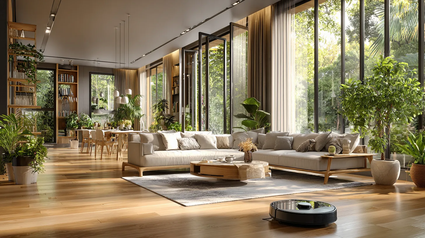 Premium robot vacuum cleaning a bright modern living room with timber flooring and natural daylight.