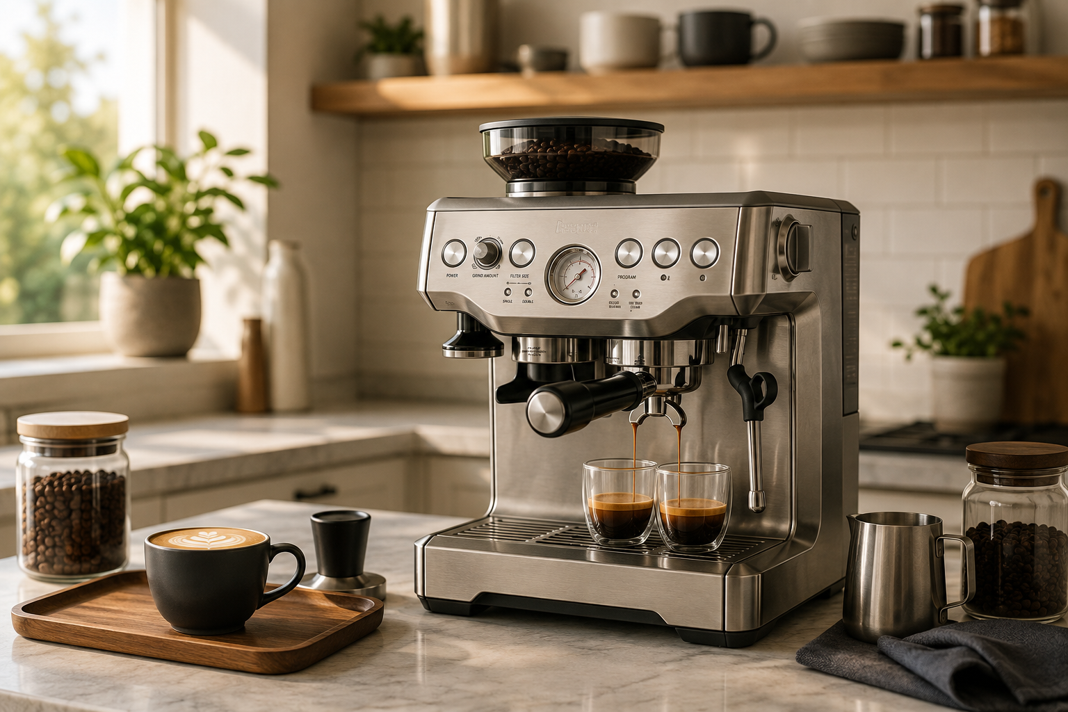 Espresso machine brewing coffee in a modern home kitchen