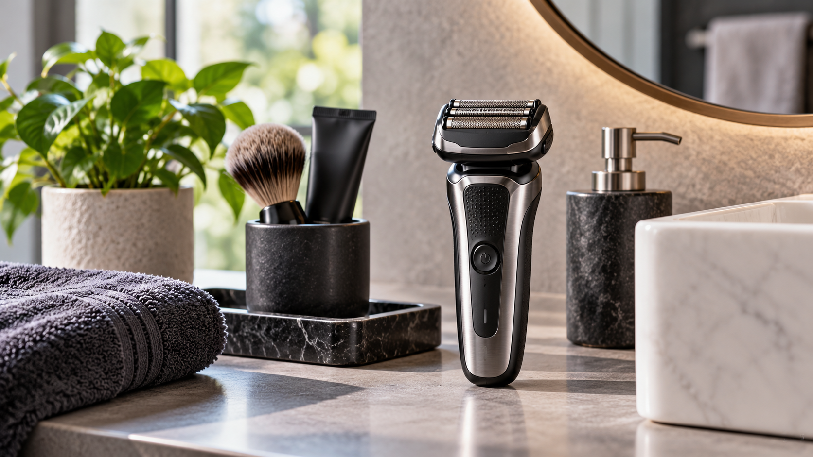Premium electric foil shaver displayed in a modern bathroom grooming setting.