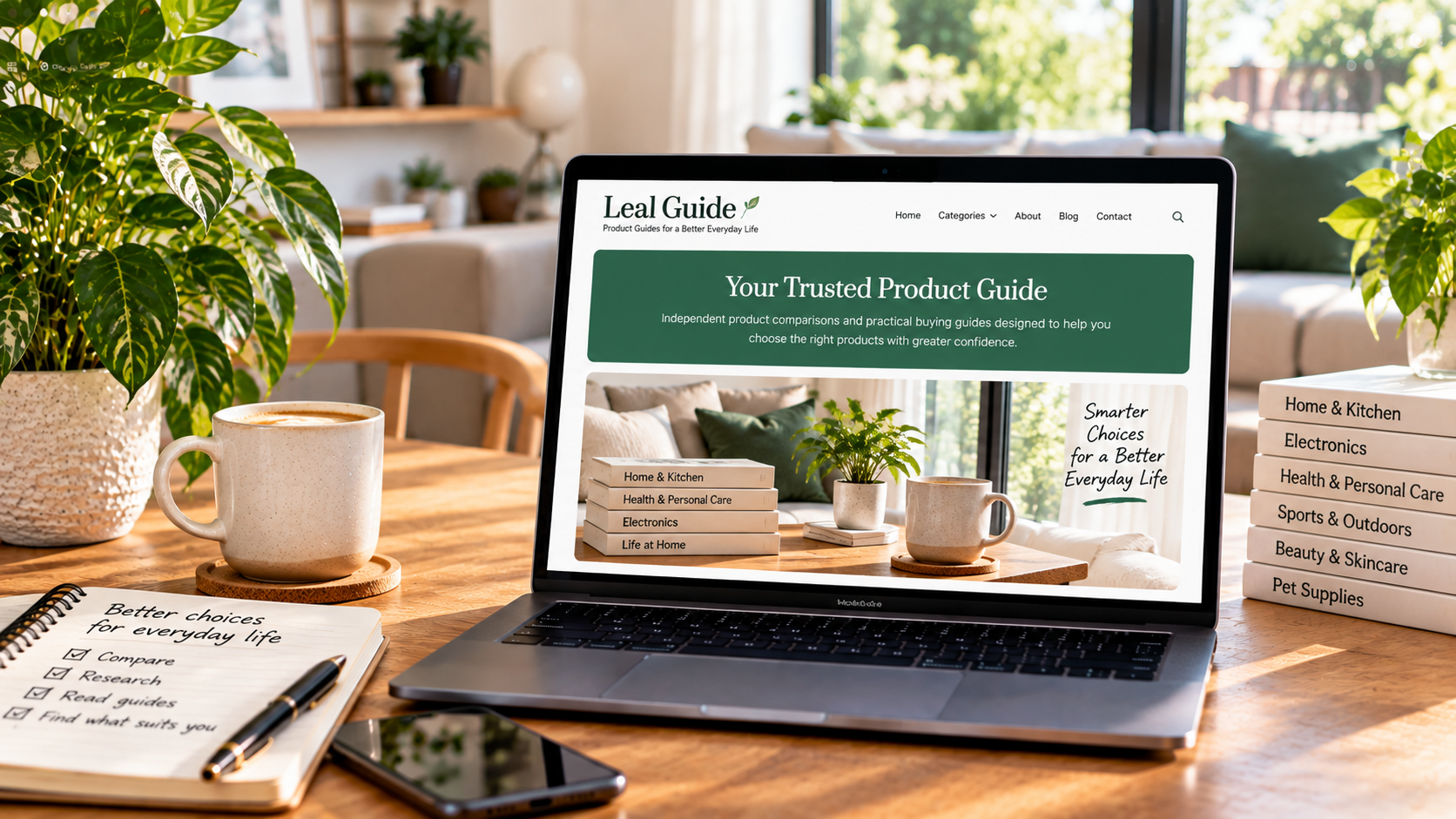 Leal Guide product buying guides displayed on a laptop in a bright home setting